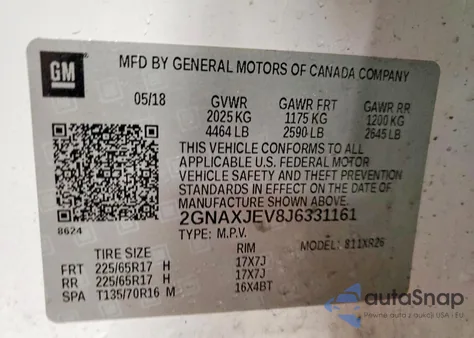 2018 Chevrolet Equinox Lt z USA, uszkodzony, nr VIN 2GNAXJEV8J6331161